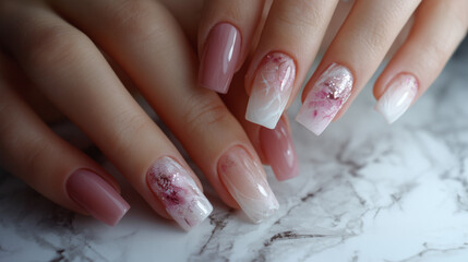 Close up of hands with manicured nails in shades of pink and white designs