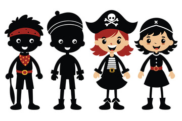 Fototapeta premium Four Cute Cartoon Pirate Children in Black Silhouettes