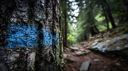 Vivid Close-Up of a Blue Trail Marker on a Rugged Tree Promoting Serene Outdoor Exploration in a Pristine Forest Setting for Tourists
