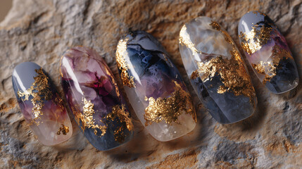 Close up of five decorated fingernails with gold foil on a textured surface