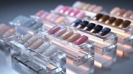 Display of assorted nail polish colors on clear stands in a studio setting