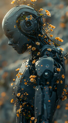 Futuristic humanoid robot with integrated floral elements