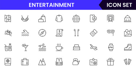 Entertainment vector line icons featuring music, games, books, movies, instruments, painting, photography, theater, and creative activities.