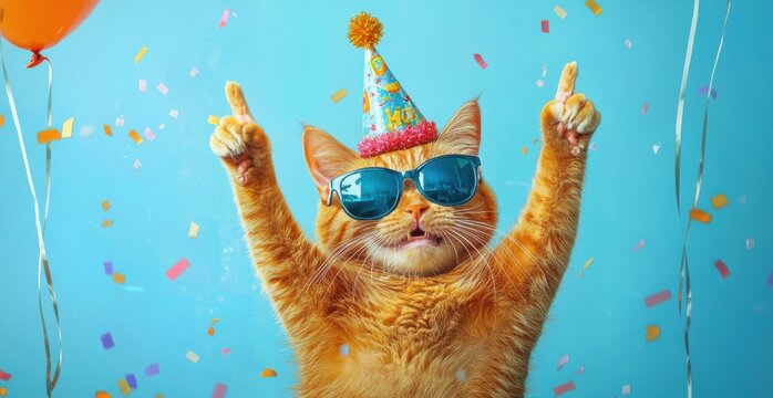 Ginger Cat Wearing Birthday Hat and Sunglasses Pointing Up on Blue