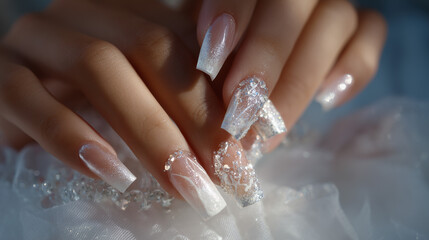 Close up of hands with long square nails decorated with glitter and white tips