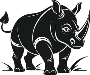 Fototapeta premium A powerful rhinoceros depicted in a bold black and white graphic style. This stylized animal illustration shows a strong rhino standing proudly.