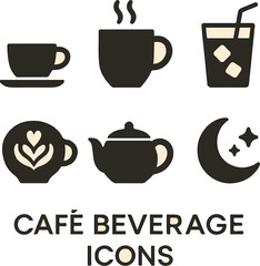 Café Beverage Icons Set Featuring Coffee Cups, Teapots, Steam, and Drinks for Food and Hospitality Branding and Menus

