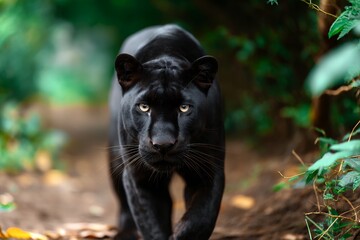 Fototapeta premium Majestic black panther stealthily walking through lush jungle pathway