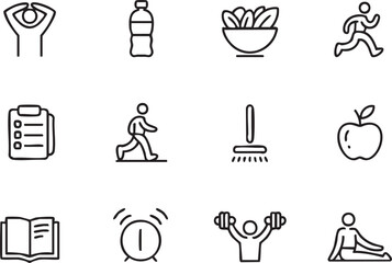 Healthy Lifestyle Icons Set Featuring Water Bottle Salad Running Shower Alarm Clock and Weightlifting in a Minimalist Line