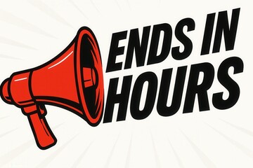 Bold text "Ends in Hours" alongside a vibrant red megaphone, conveying urgency and promoting a limited-time offer or announcement.