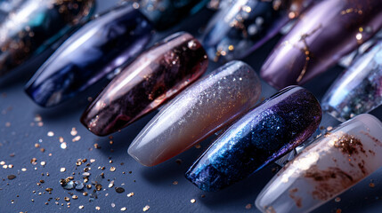 Close up of assorted colorful acrylic nails with glitter on a blue background