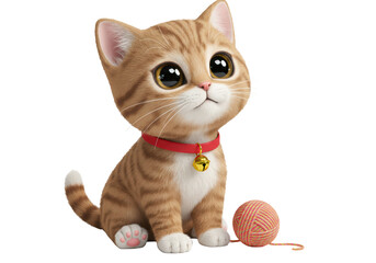 Isolated Adorable Ginger Kitten with Big Eyes and Ball of Yarn