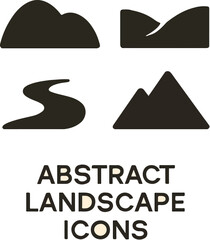 Stylized Vector Icons of Abstract Natural Landscapes Including Mountains, Rivers, and Hills in Simplified Graphic Forms

