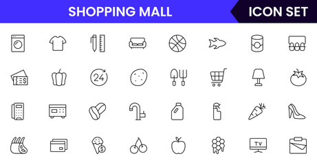 Shopping mall vector line icons featuring shopping carts, aisles, products, shelves, checkout counters, baskets, discounts, groceries, and customer service elements.