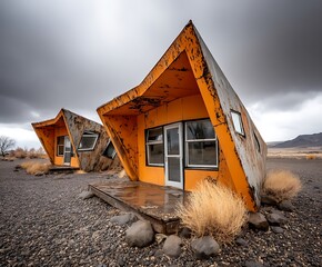 the photograph showcases two unusually shaped structures in a barren, rocky landscape under a dark, cloudy sky