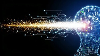 An abstract visualization of artificial intelligence processing data represented by glowing circuits and particles flowing into a digital human head silhouette - Powered by Adobe