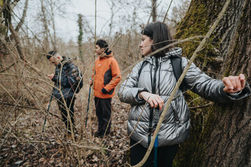 Friends traverse a forest in winter, enjoying hiking amid bare trees and collaborating to navigate...