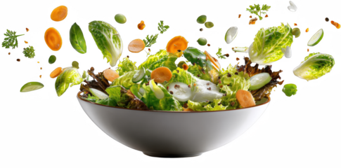 Fresh salad bowl with floating vegetables, healthy eating concept
