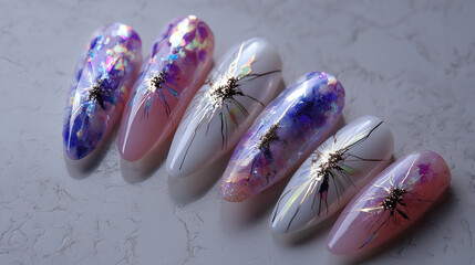 Close up of almond shaped nails with floral designs and glitter decorations