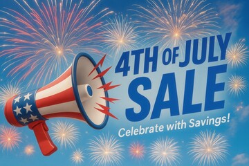 Festive 4th of July sale advertisement featuring a megaphone with stars and stripes design, set against a backdrop of colorful fireworks in a blue sky, celebrating savings.