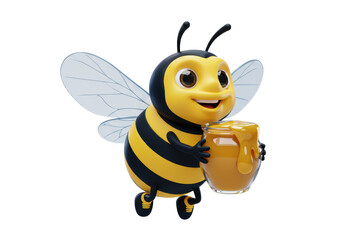 Isolated Cheerful Bee Character Holding a Jar of Honey with Dripping Sweetness