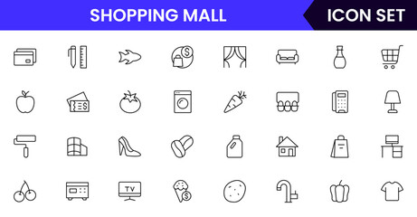 Shopping mall vector line icons featuring shopping carts, aisles, products, shelves, checkout counters, baskets, discounts, groceries, and customer service elements.