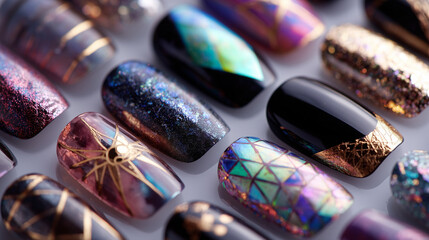 Display of various nail art designs with different colors and embellishments