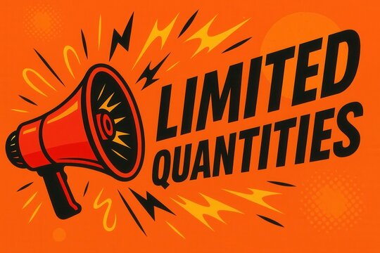 An eye-catching orange and red design featuring a megaphone with bold text "Limited Quantities" accented by dynamic rays and lightning bolts, ideal for marketing and promotion themes.