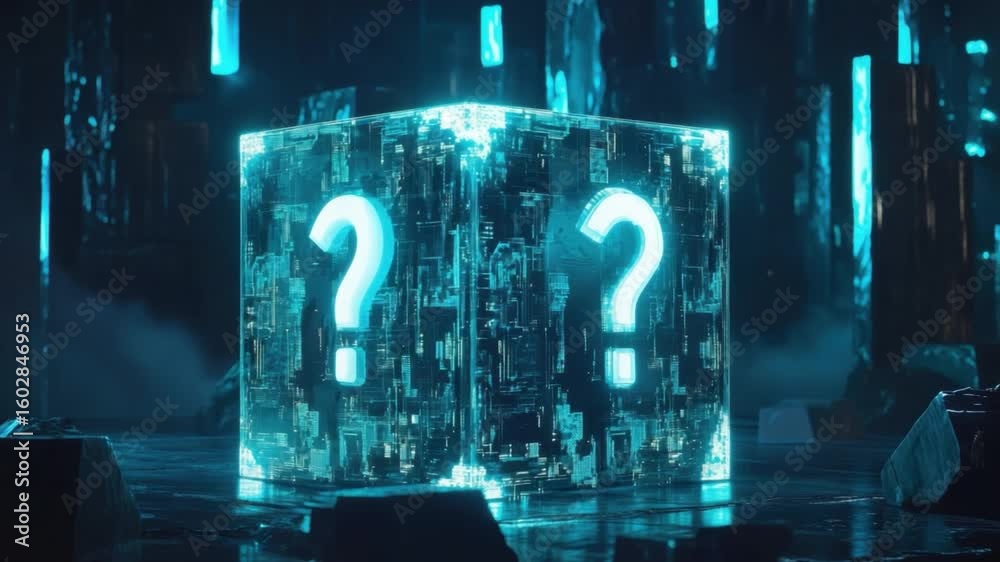 Poster mysterious glowing cube with question marks surrounded by futuristic digital elements in dark enviro