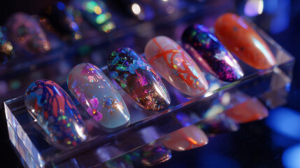 Close up of colorful artificial nails displayed on a clear acrylic stand