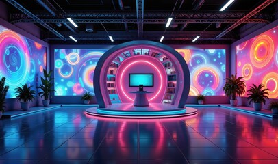 A futuristic digital studio with vibrant lighting and a sleek design, ideal for presentations, virtual events, or creative industry use.