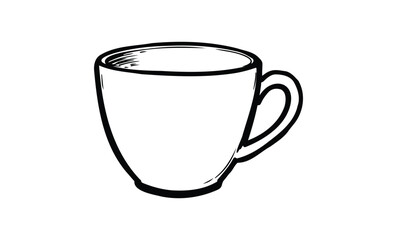 Black and white line drawing of a simple coffee cup with handle. Vector retro hand drawn illustration.