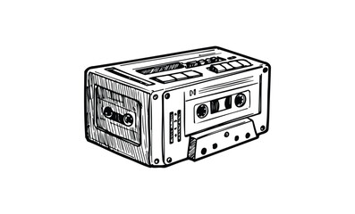 Obraz premium Hand-drawn vintage cassette tape illustration in black and white. Vector retro hand drawn illustration.