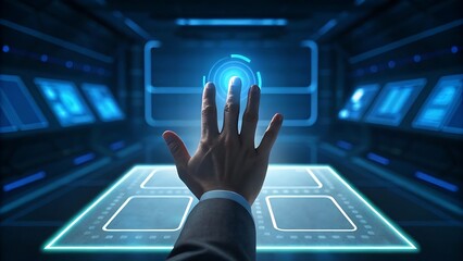 Futuristic hand interacting with holographic interface touching