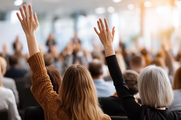 Adults raising hands in conference setting with diverse audience