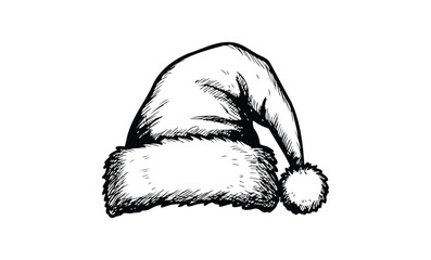 Hand-drawn santa hat illustration with fluffy trim and pom pom in black and white. Vector retro hand drawn illustration.