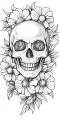 Tattoo design: a skull with flowers surrounding it, in grayscale
