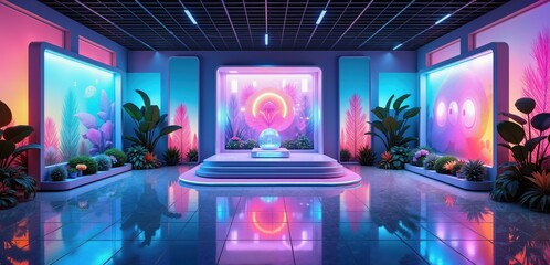 A vibrant, futuristic exhibition space featuring colorful lighting and lush plants, ideal for showcasing modern art, technology, or immersive experiences.