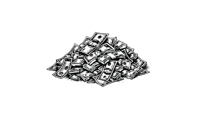 Black and white illustration of a pile of money with dollar bills. Vector retro hand drawn illustration.