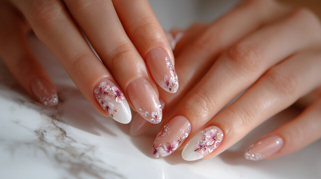 Close up of hands with almond shaped nails and floral design on marble surface