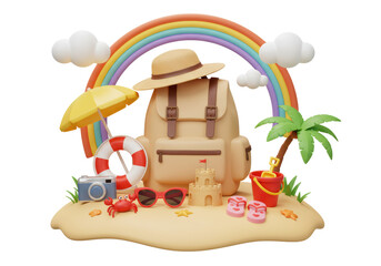 Isolated Beach Vacation Scene with Backpack and Accessories