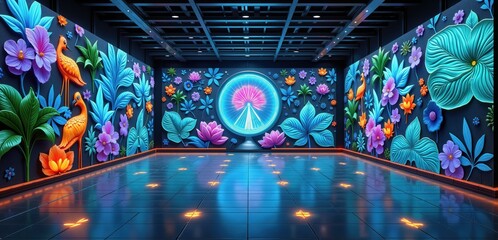 A vibrant, immersive art space featuring colorful floral and bird murals. Ideal for promoting creativity, events, or modern interior design.