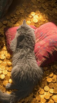 A cat sleeping on a pile of gold coins with a pillow in its arms.