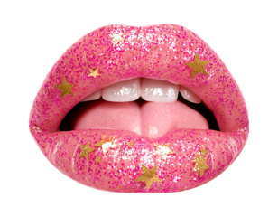 Pink glossy lips with the tongue sticking out  with pink glitter and gold stars on the teeth isolated on a transparent background