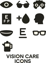 Eye and Vision Care Icon Set Featuring Eyeglasses, Contact Lenses, Optometry Tools, Eye Charts, and Visual Health Elements

