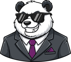 Cool cartoon panda wearing black suit and sunglasses, stylish animal character illustration, confident businessman bear mascot with purple necktie detail