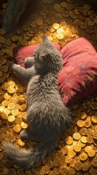 A cat sleeping on a pile of gold coins with a pillow in its arms.