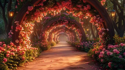 Fototapeta premium Enchanting Rose Archway: A Romantic Pathway to a Dreamlike Destination