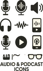 Audio and Podcasting Icon Set Featuring Microphones, Headphones, Waveforms, Streaming Apps, and Voice Recording Equipment

