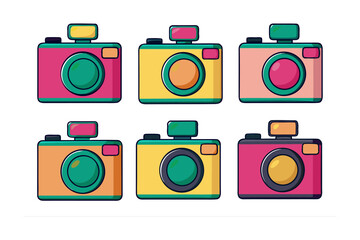 A vibrant collection of six retro style cameras in bright pink and yellow colors with teal accents